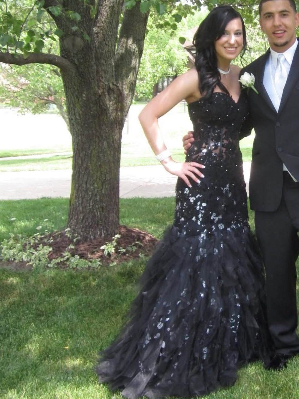 Jovani Black Beaded Mermaid Gown Size 6 Corset Bodice Ruffle Tulle Hem